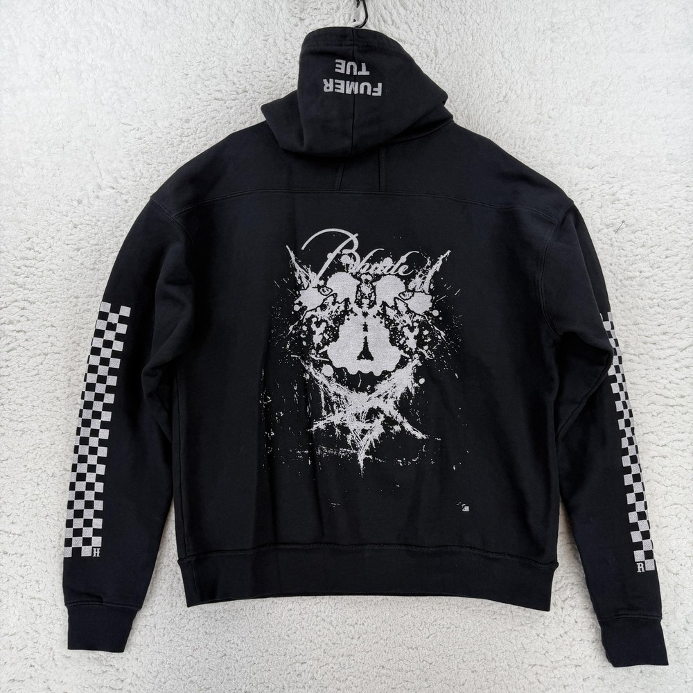 Rhude Hoodie Mens Small Black Fumer Tue Checkerboard Sleeve Graphic Sweatshirt